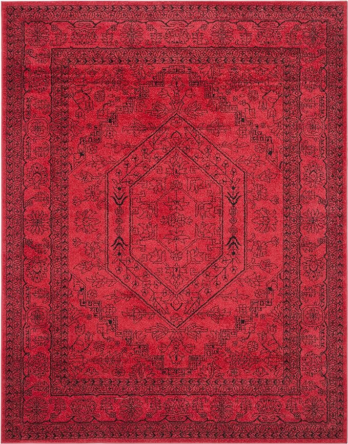 A red rug with an oriental design on it