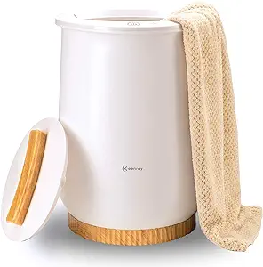 A white trash can with a wooden lid and a towel.