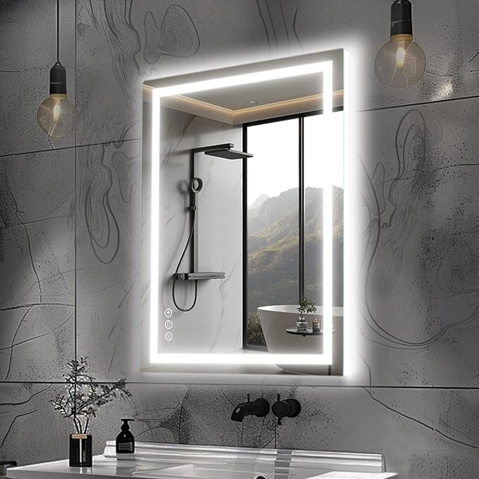 A bathroom with a mirror and lights on the wall