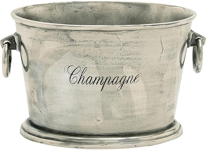 A silver cup with the word " champagne " written on it.