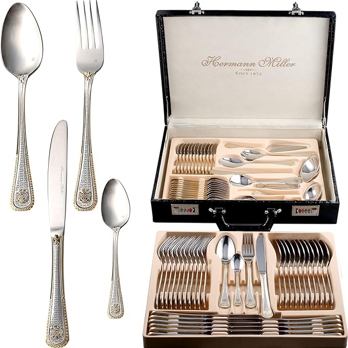 A set of silverware in a case with a wooden handle.