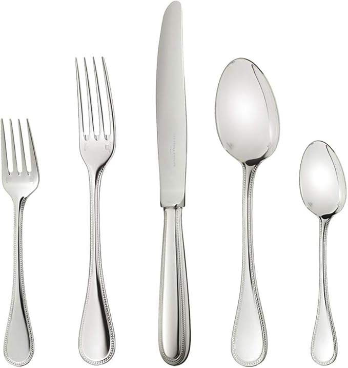 A set of silverware with forks, knives and spoons.