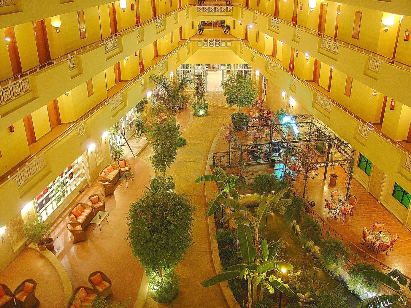 A large indoor courtyard with many trees and plants.