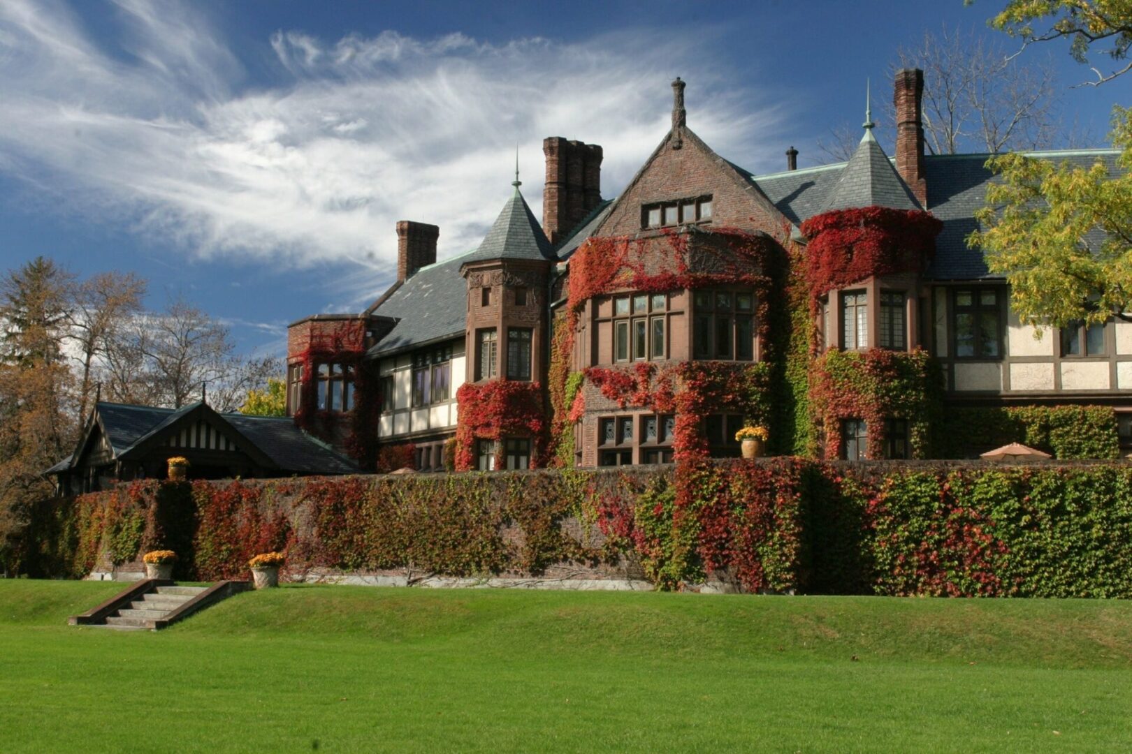 A large brick building with vines growing all over it.