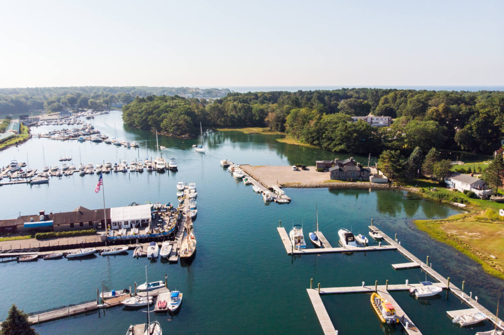 A view of boats docked in the water.